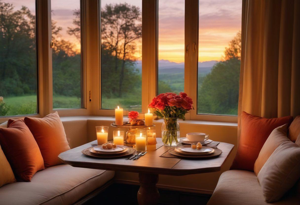 A beautifully decorated cozy rental space with a romantic ambiance, featuring soft lighting, plush cushions, a small table set for two, and a window view of nature. The warm colors exude comfort and intimacy, with romantic elements like candles and flowers adorning the space. Include a hint of a sunset to enhance the romantic vibe. super-realistic. vibrant colors. inviting atmosphere.