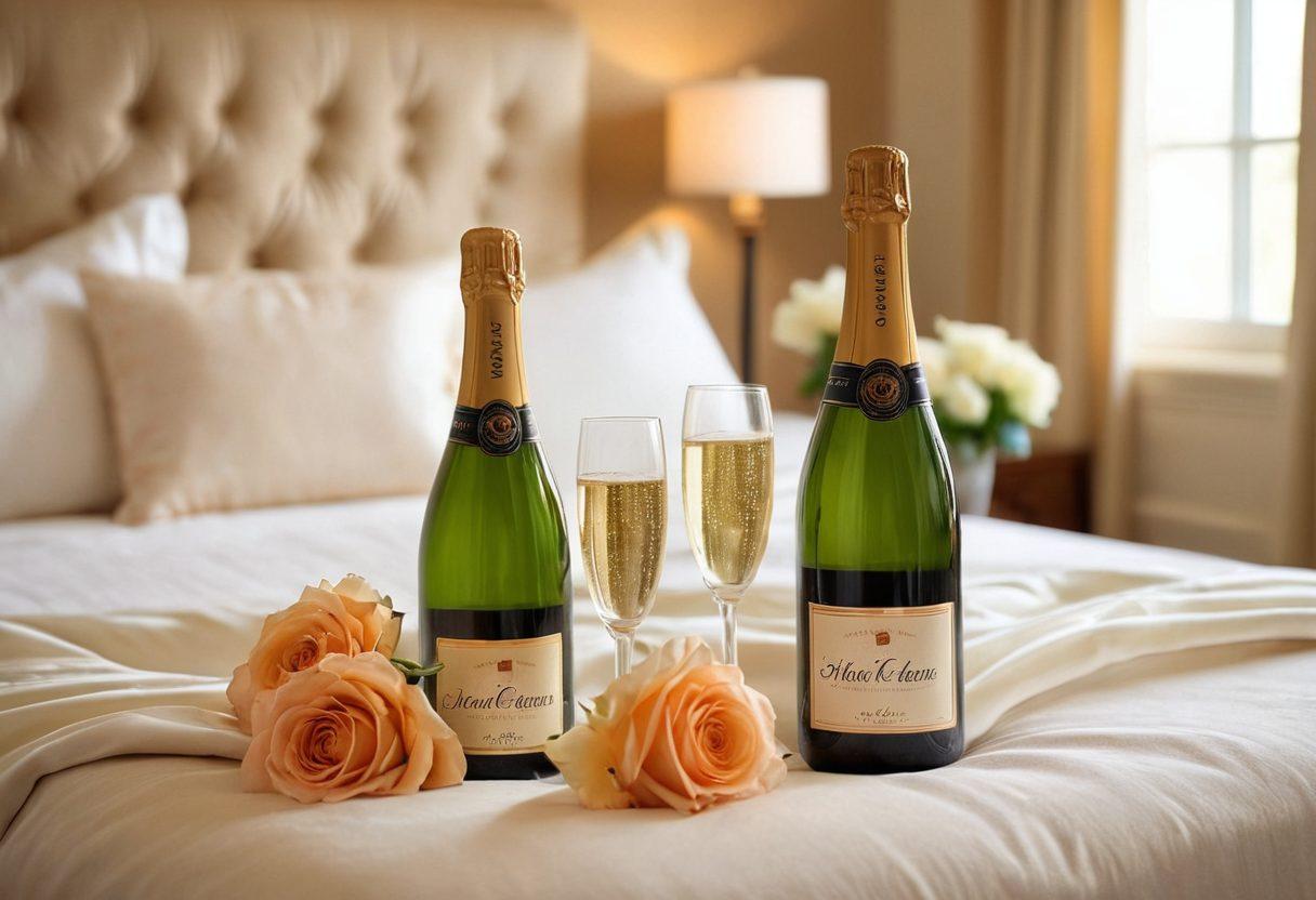 A beautifully arranged romantic living space with a cozy suite featuring soft lighting, elegant decor, a plush bed with silky sheets, and a picturesque view of a serene vacation home in the background. Include elements like fresh flowers, a bottle of champagne, and a couple enjoying a moment together. The atmosphere should exude warmth and intimacy. super-realistic. warm tones. soft focus.