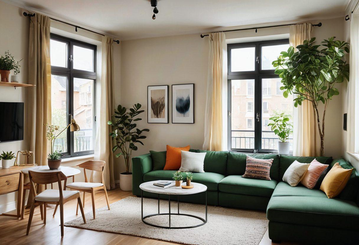 An inviting and cozy interior of a small apartment showcasing both temporary and long-term living spaces, featuring a stylish living room with a comfortable sofa, a small kitchen area, and a welcoming bedroom setup. Include plants for a touch of warmth and natural light streaming in through large windows, symbolizing comfort and home. A blend of modern and traditional decor to illustrate versatility. soft-focus. warm colors. super-realistic.